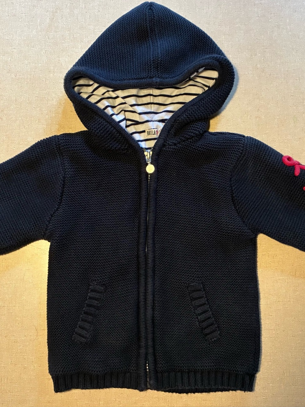Navy Cotton Thick Hooded Knit Zip-Up Sweater with Striped Lining